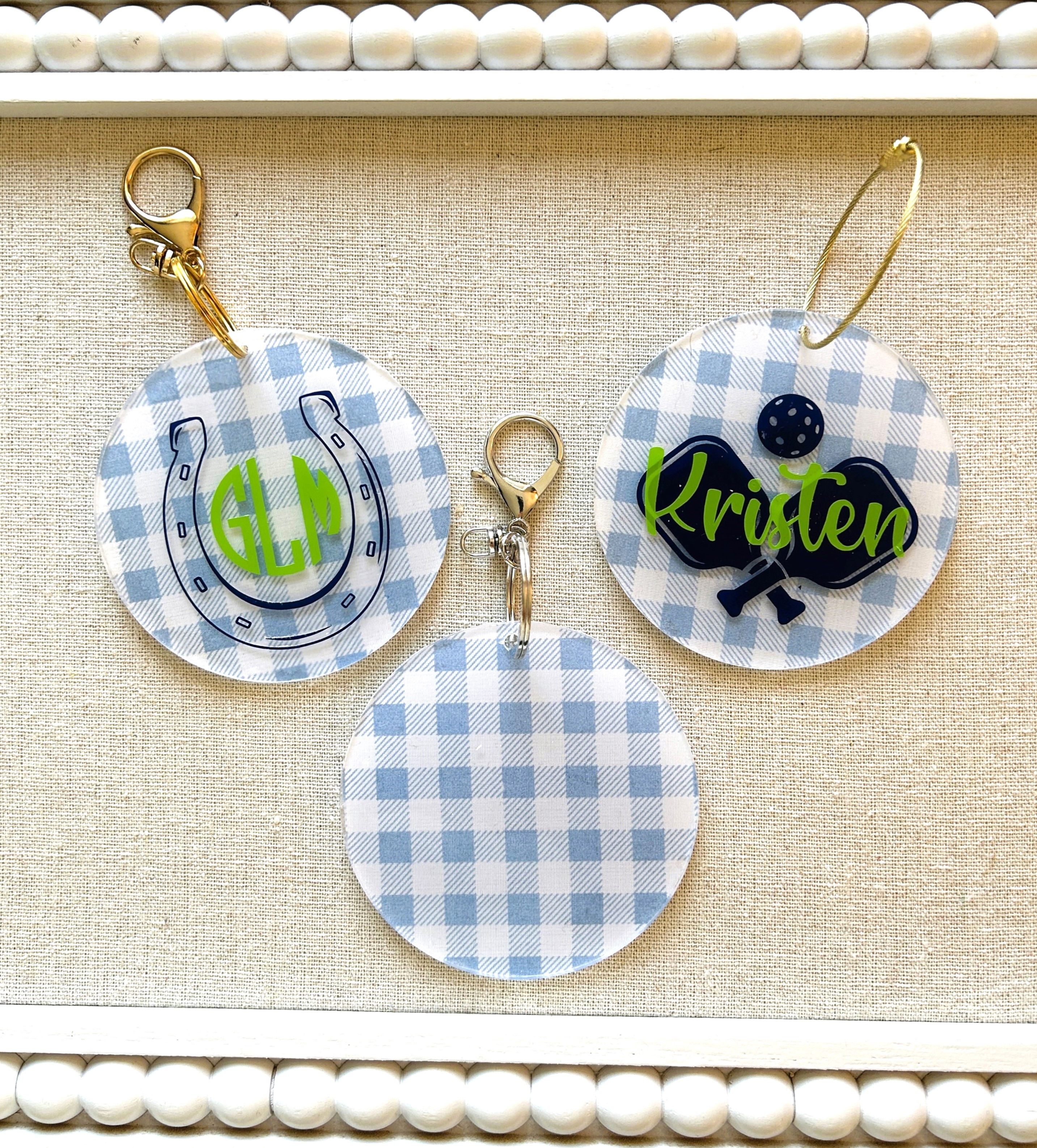 blue gingham acrylic luggage or bag tag