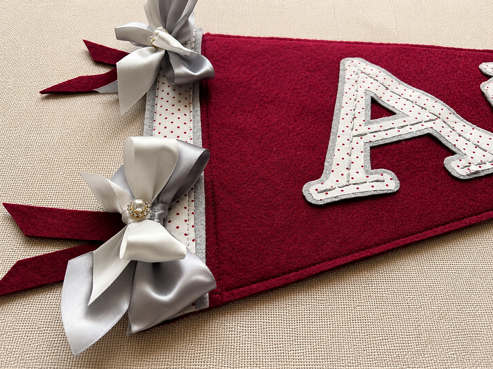 Thumbnail: Alpha Phi pennant polka dot ribbon bow detail with pearl and rhinestone button accent