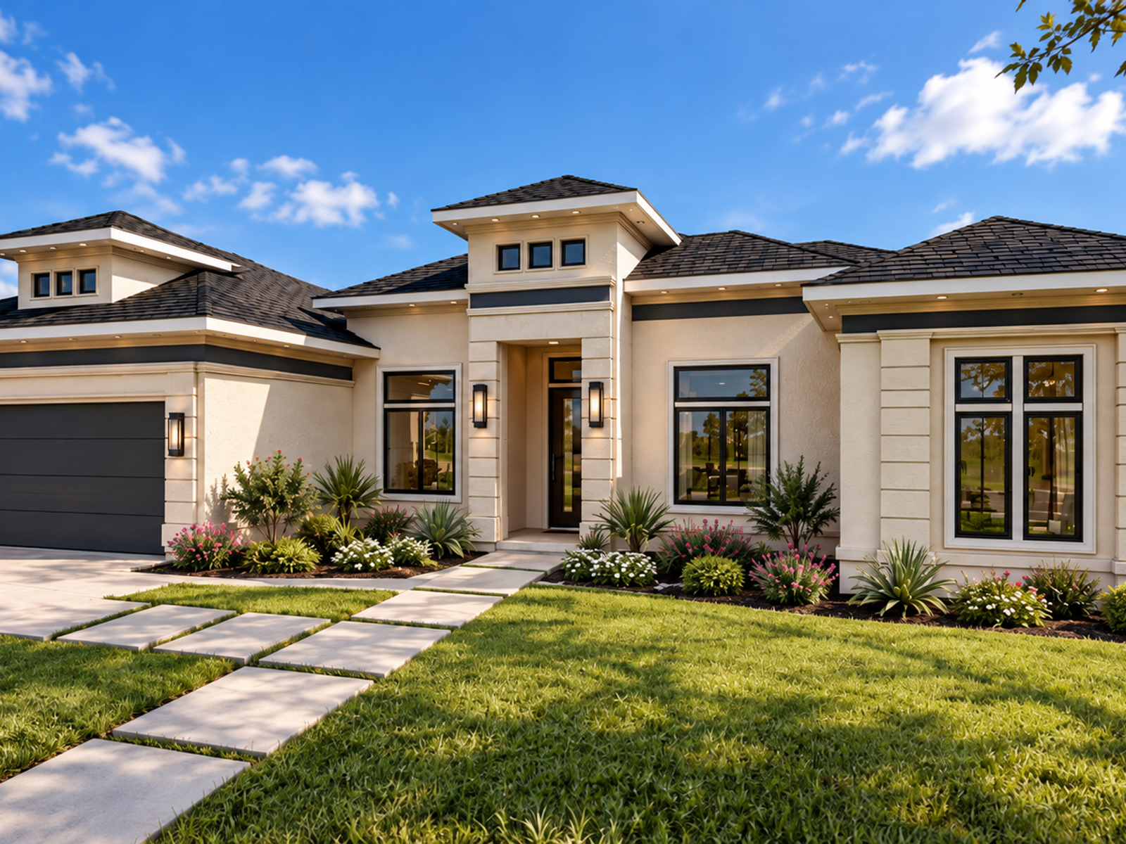 Solara House — angled front exterior and landscaping