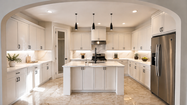 Bright kitchen with white cabinetry, a central island, black pendant lights, and an arched opening
