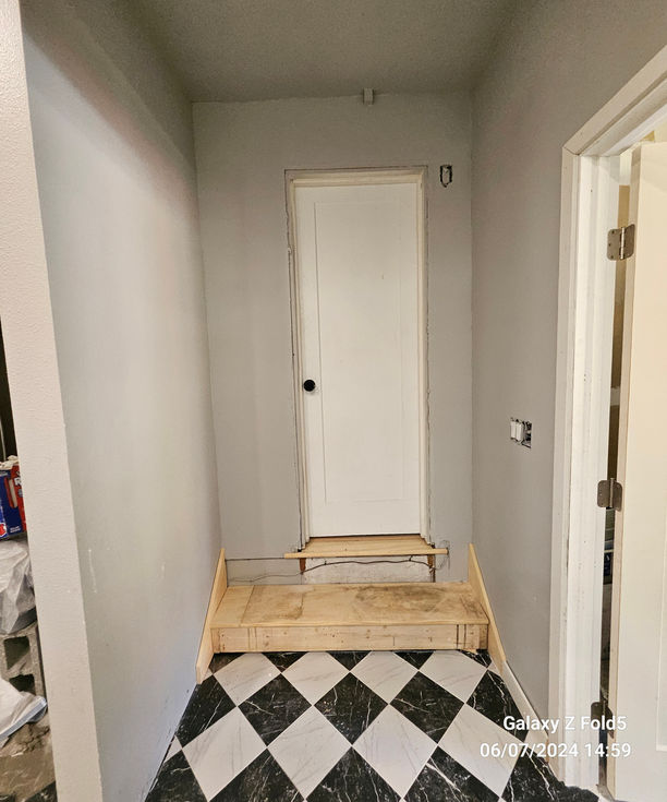 Interior view of newly constructed wooden stairs.