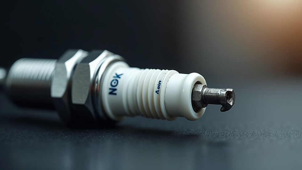 Close-up view of NGK spark plug showing electrode and thread