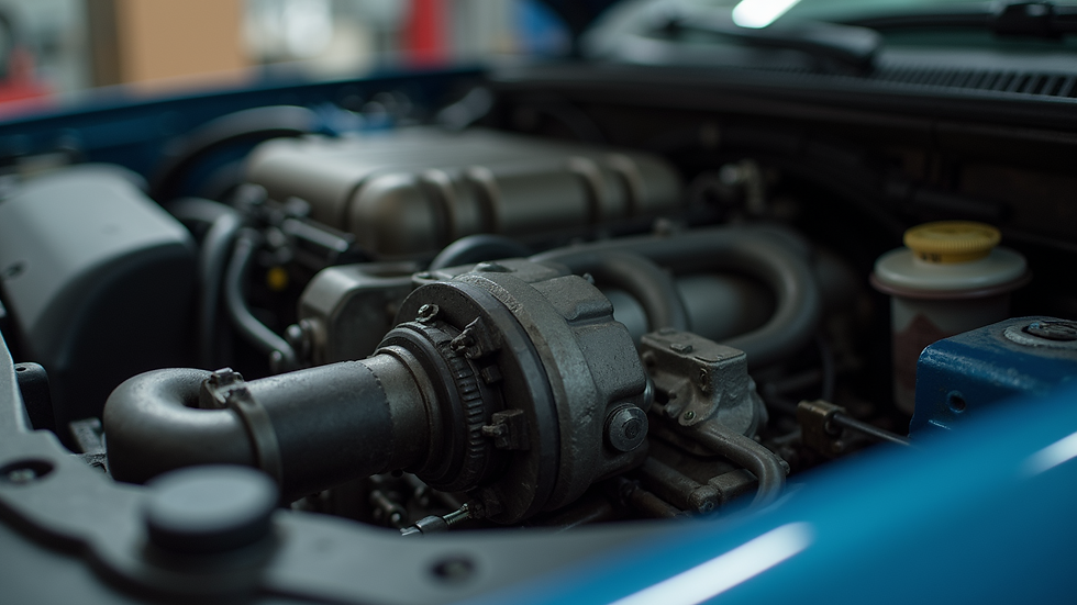 Close-up view of a car part with a mechanic's tools in the background