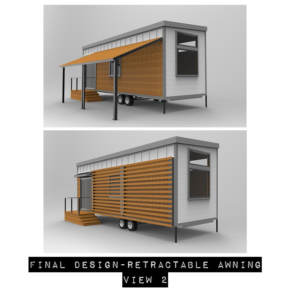 Caroline tiny house on wheels showing alternate views of retractable awning designed by Eniac Design