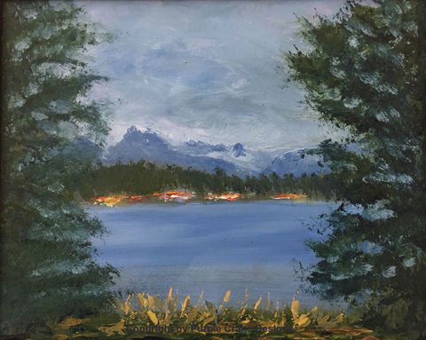 Oil painting of the seaplane airport on Beluga Lake, Alaska