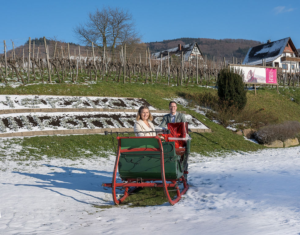 Braut und Bräutigam sitzen in Kutsche mit Weihnachtsgeschenken bei Winterhochzeit zu zweit