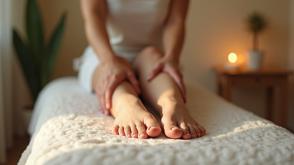 Vue en plongée d’un massage réflexologique des pieds sur une table de soin