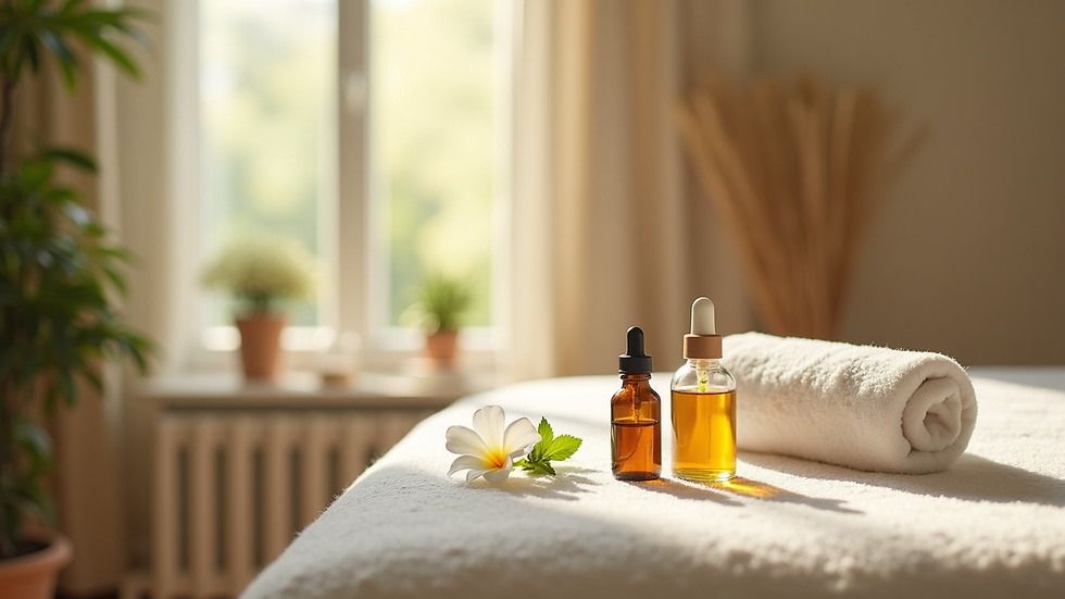 Vue rapprochée d’une table de massage avec des huiles essentielles