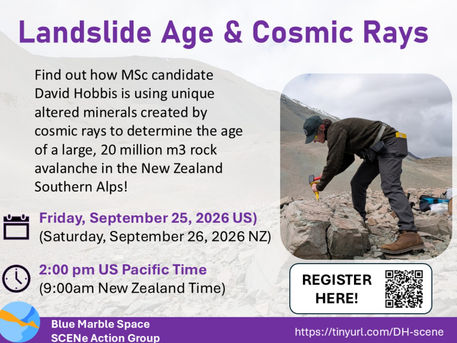 Poster of a scientist rock sampling in the Alps, titled Landslide Age & Cosmic Rays, with register QR code and event date/time.