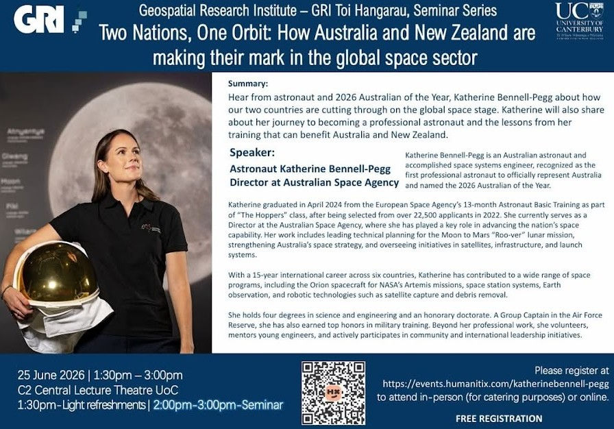 Event poster with Australian Astronaut Katherine Bennell-Pegg announcing her guest seminar on the development of the New Zealand space sector.