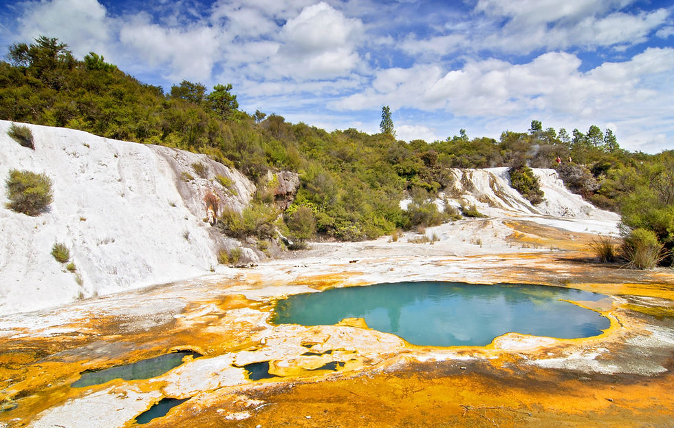 Colourful silica terrace formed by hot water algae growing in the geothermal area of Orakei Korako (The Hidden Valley), Northern Island, New Zealand.