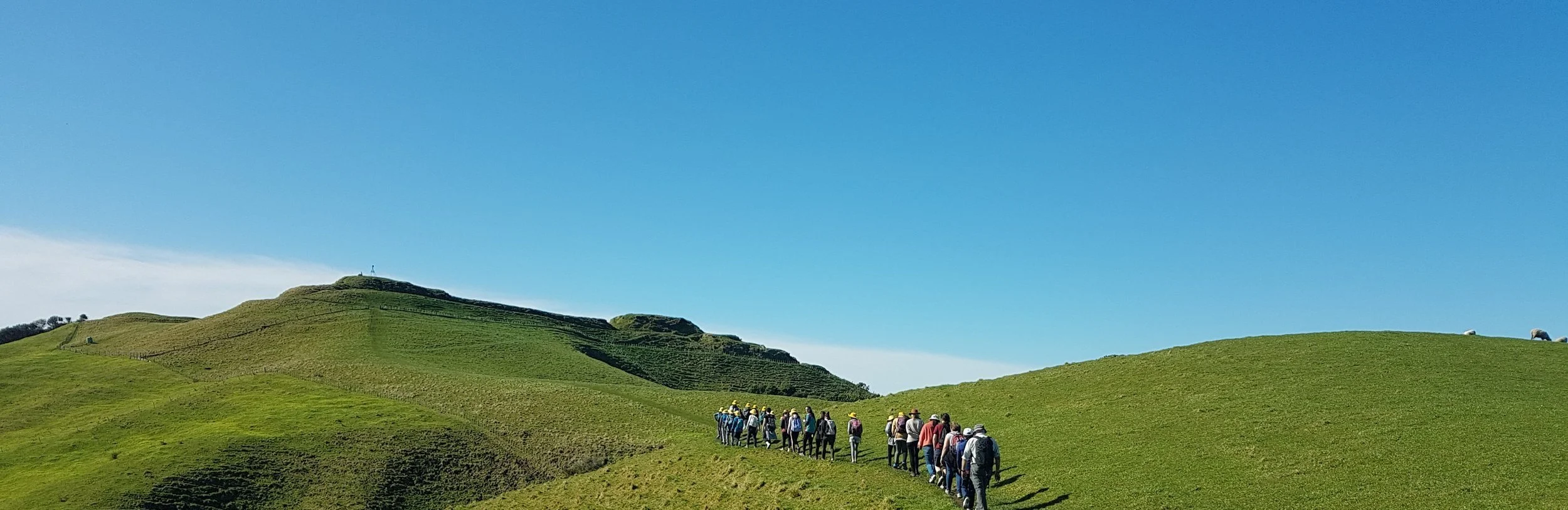 School group walking across the Pāpāmoa Hills during a guided Travel Ed tour exploring whenua, land use, and cultural history in the Bay of Plenty.