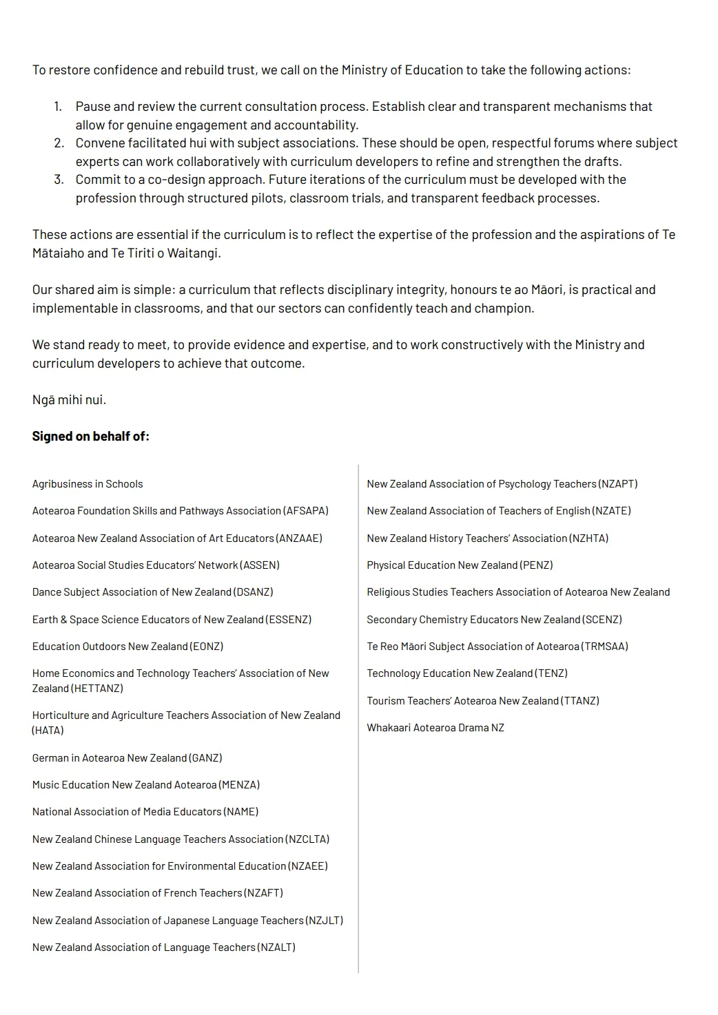 The continuation of the He Rau Ringa letter, calling on the Ministry of Education to pause and review the consultation process, convene hui with subject associations, and commit to co-design. The page concludes with a list of signatory subject associations, including groups across arts, sciences, languages, physical education, and technology.