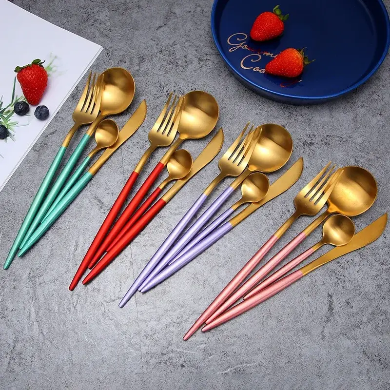 Thumbnail: 24 Pcs Matte 18/10 Stainless Steel Thick Black Gold Silver Cutlery Dinnerware