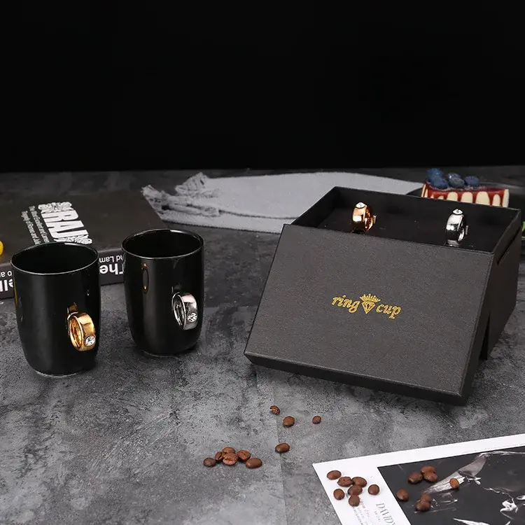 Thumbnail: New Ring Cup Couple Pair Cup Black White Diamond Mug