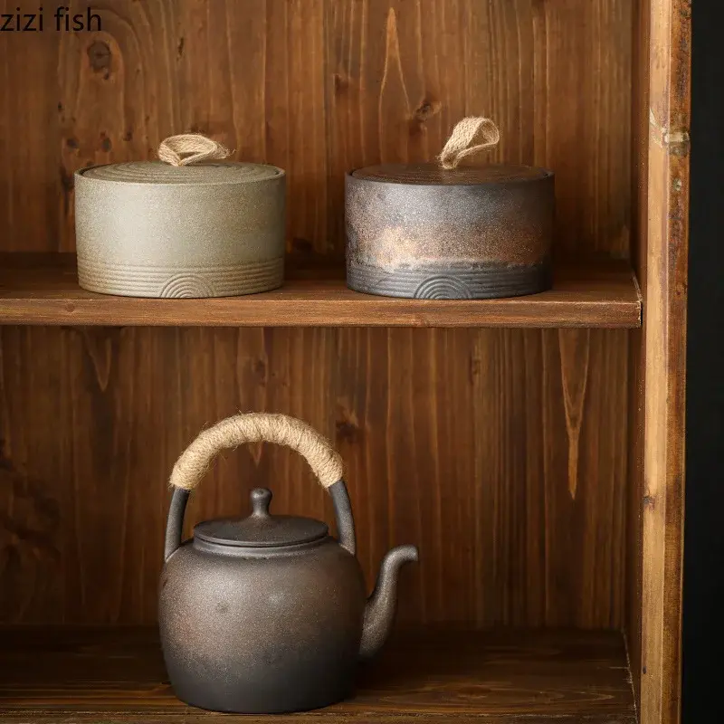 Thumbnail: Ceramic Tea Caddy Tea Canister Hemp Rope Handle Tea Box