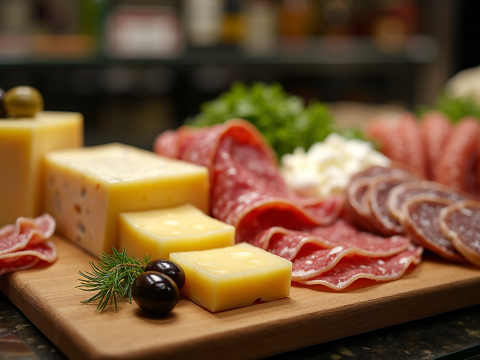 Cheese and salami on a rustic wooden board garnished with herbs. The cheese has blue veins; setting is cozy with warm lighting.