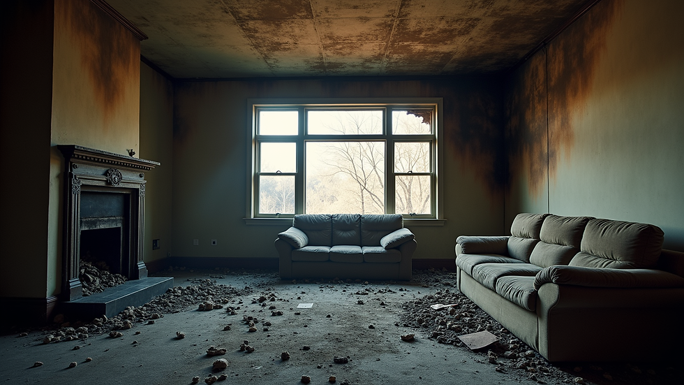 Eye-level view of a charred living room after a fire incident