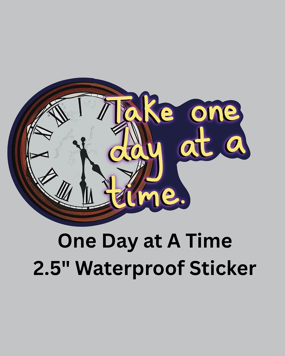 Rustic clock with roman numerals and text reading "Take One Day at a Time" with product description.