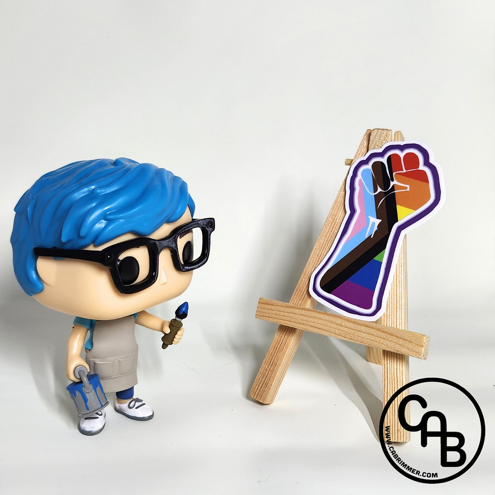 Thumbnail: Funko pop with blue hair, glasses, paintbrush next to Progress Pride Flag Social Justice fist on mini easel white background