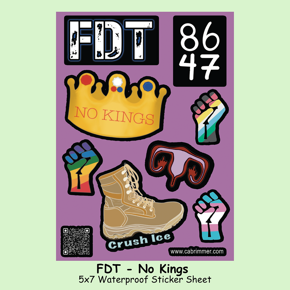 FDT - No Kings sticker sheet with listed name and sheet dimensions.