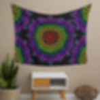 Image of a tapestry with a repeating purple/blue dominant mandala on black background on a wall AI mockup thru printing site)