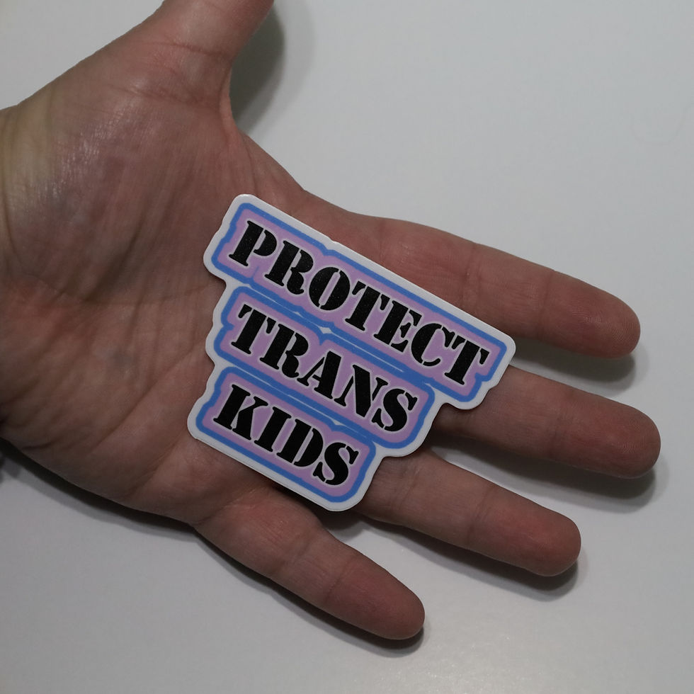 Thumbnail: 3" Protect Trans Kids Sticker in the palm of someone's hand.