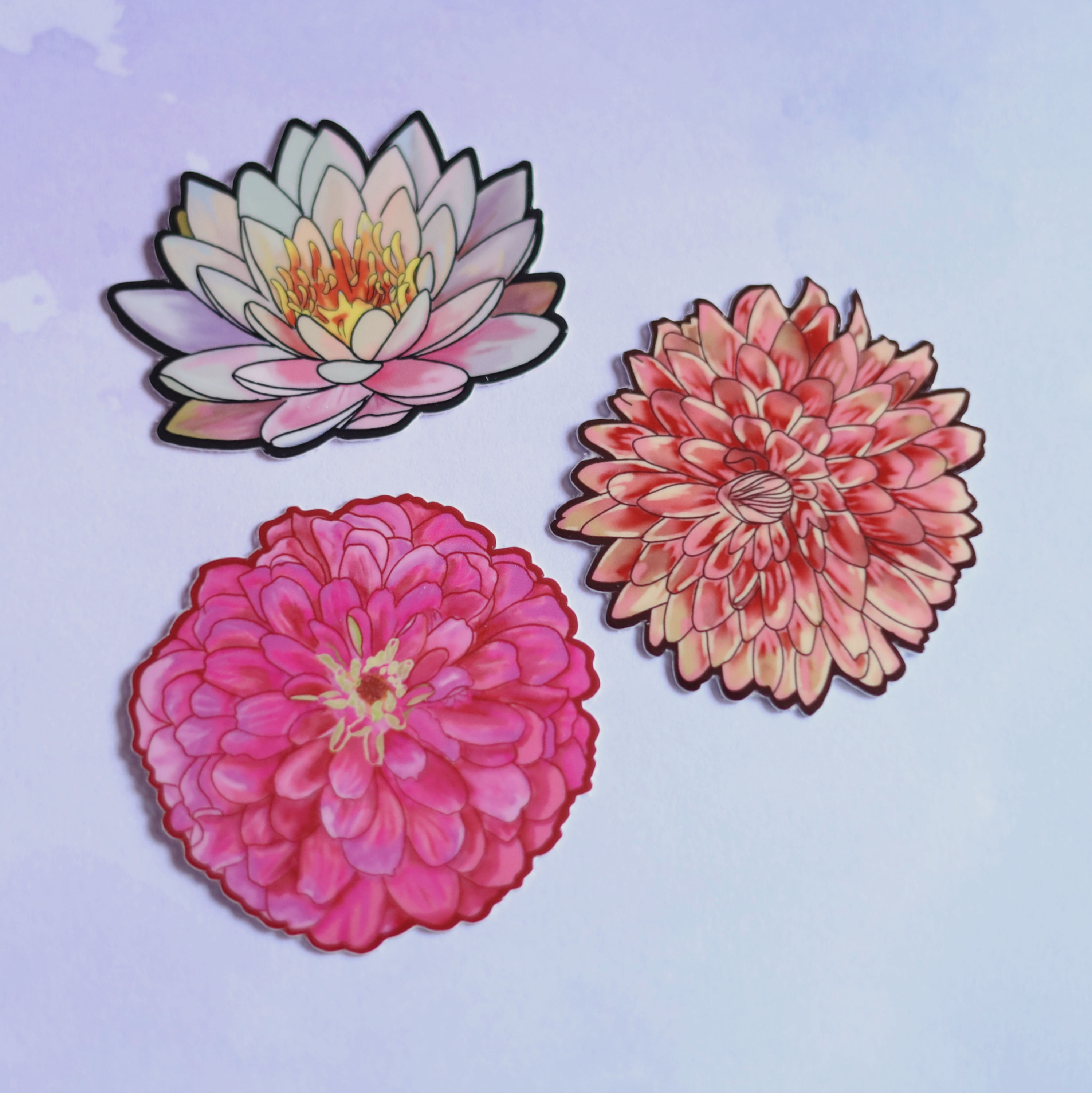 Image of serene water lily, hearty mum, and pink zinnia stickers on light colored background.