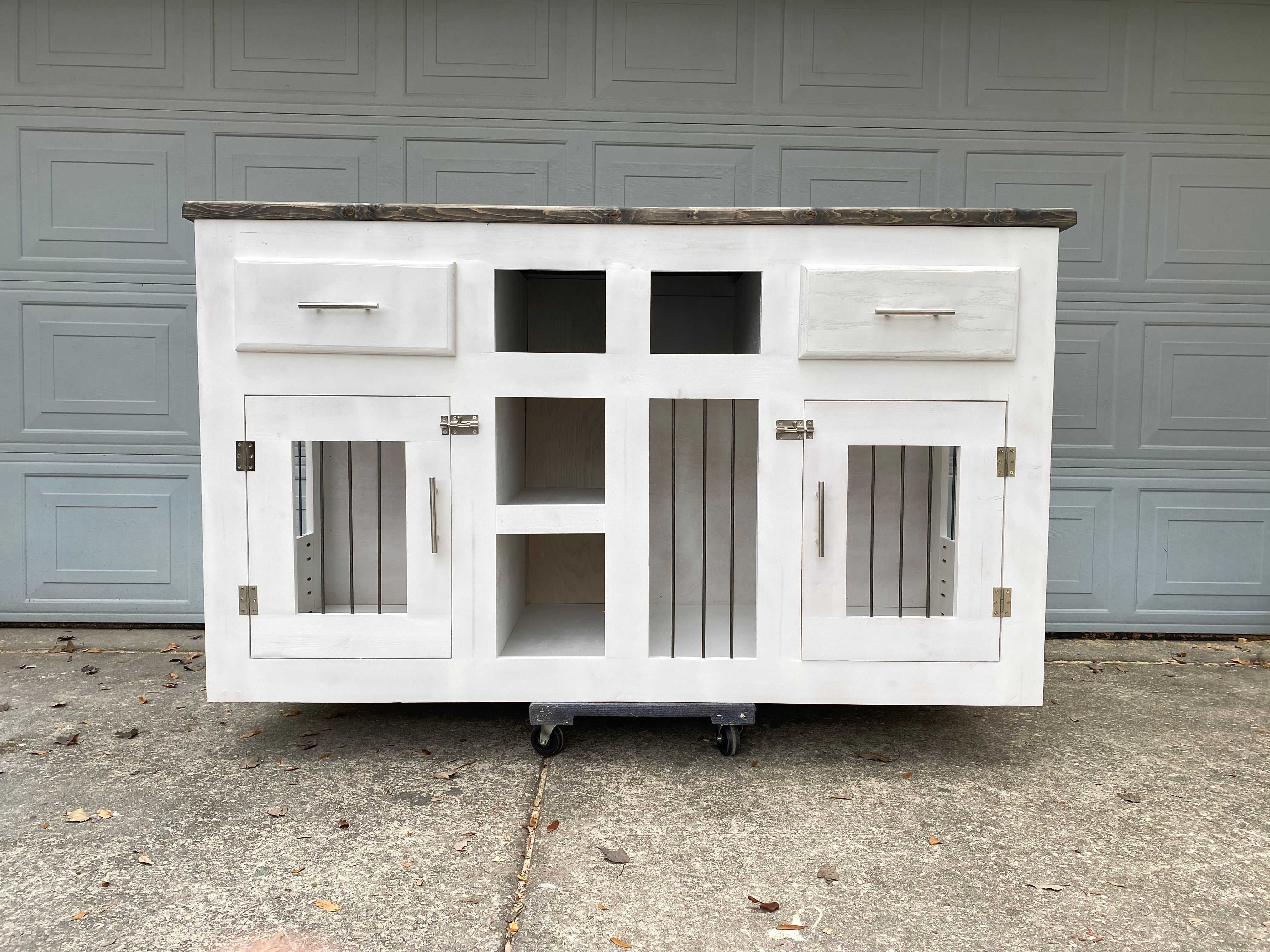 Custom Double Dog Crate with Drawers and Cubbies. White/ Classic Grey Top