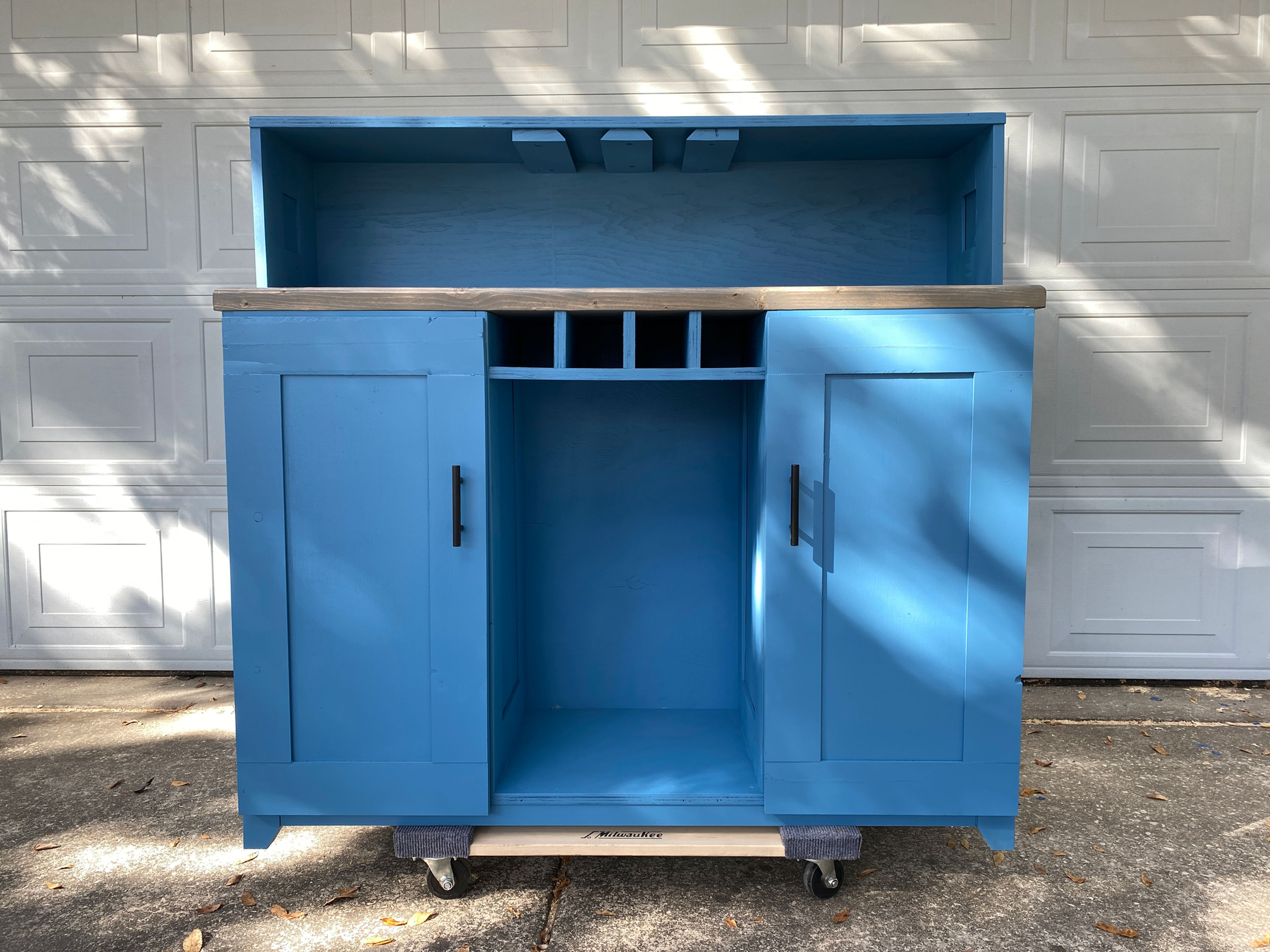 Custom Bar with Cabinets Painted Blue Jay/ Stained Classic Grey