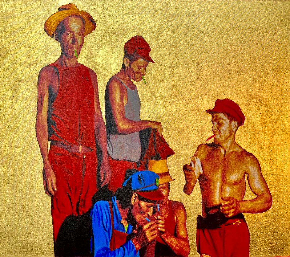 Fumando esperan, ca. 2020 Mixed media on canvas , 23k gold leaf, acrylic 60 × 84 in 152.4 × 213.4 cm Editions 1-7 of 7 + 2AP