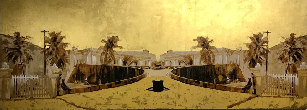 San Cristobal Dorado, 2018 Mixed media on canvas , 23k gold leaf, acrylic 48 × 128 1/2 in 121.9 × 326.4 cm Editions 1-1 of 1