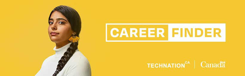A fashionable cybersecurity expert stands next to the TECHNATION and CareerFinder logos.