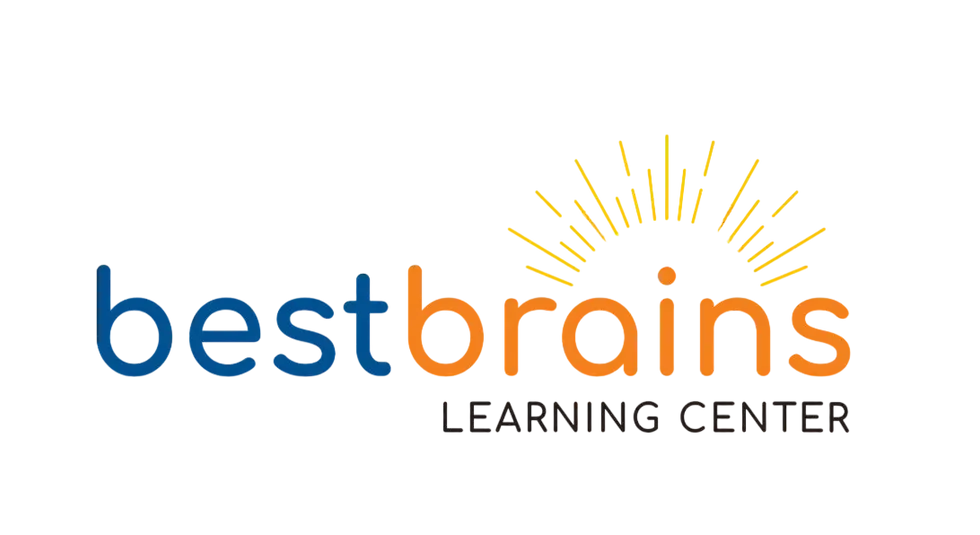 Digital logo design for Bestbrain Learning Center, featuring stylized blue and orange text with a yellow sunburst graphic on a black background. The design suggests innovation and education.