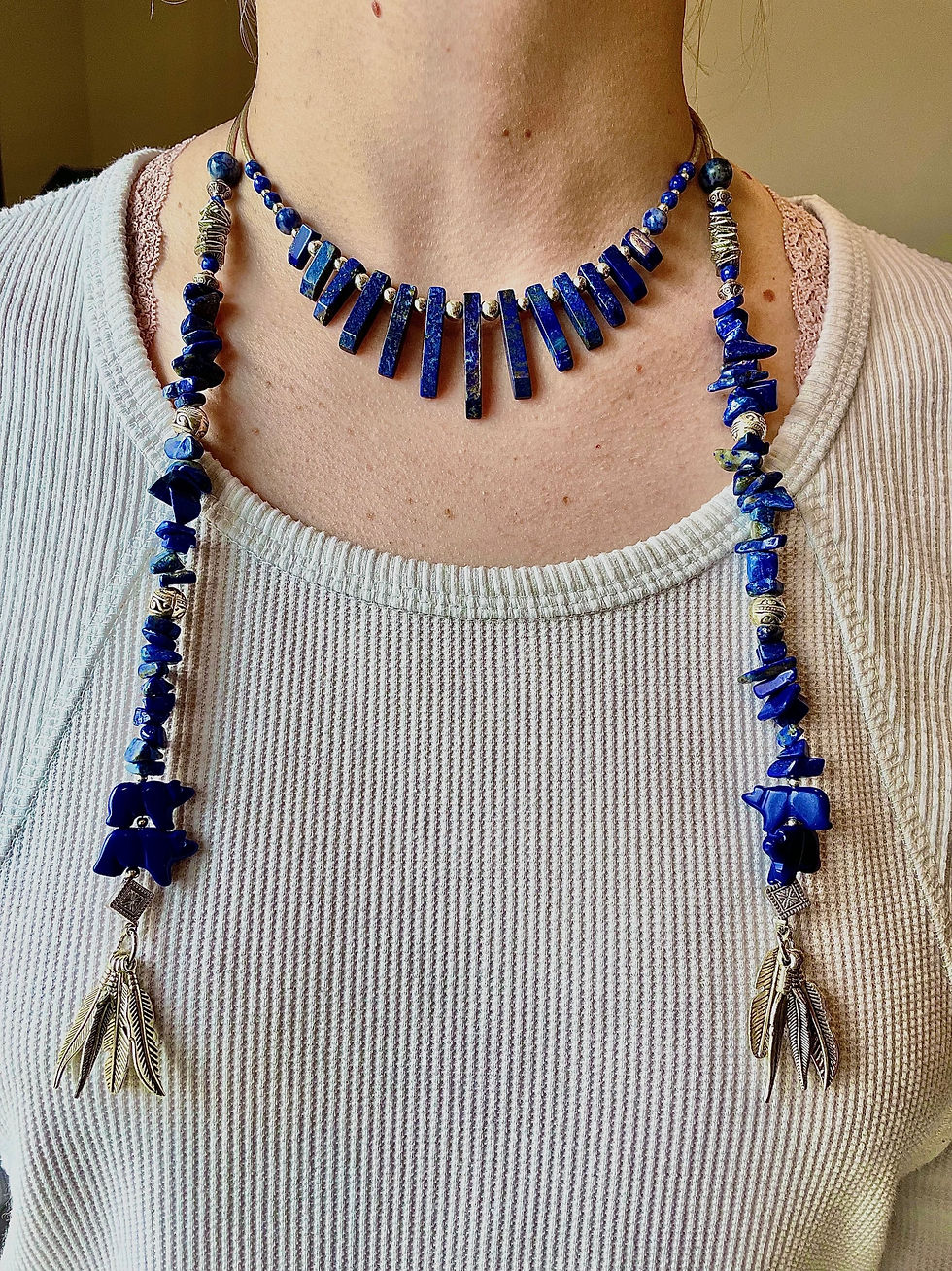 "Mama Bear" Silver Sodalite & Lapiz Lazuli Beaded Lariat Necklace