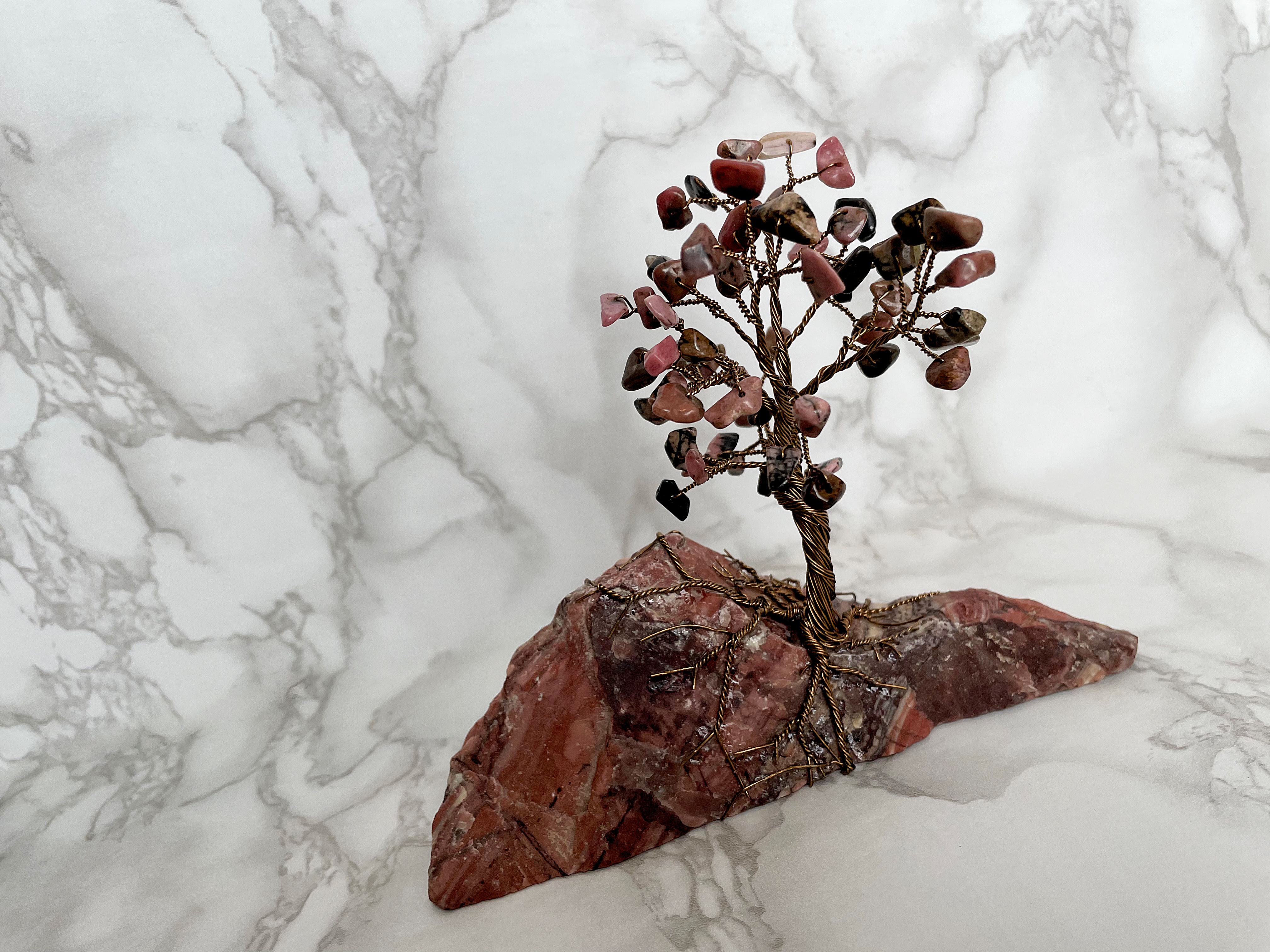 Rhodonite and Antique Bronze Wire Tree on Rhyolite Base
