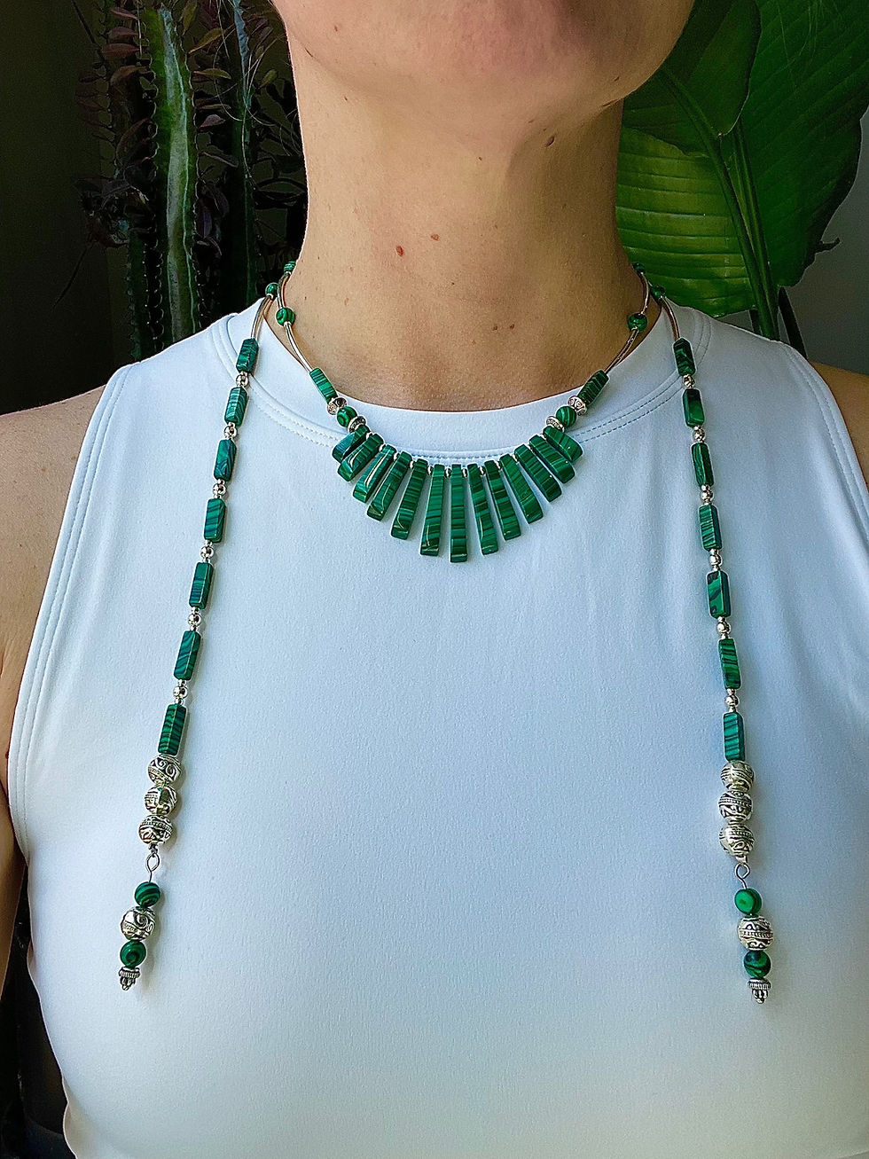 “Green Energy” Silver and Malachite Statement Lariat Necklace