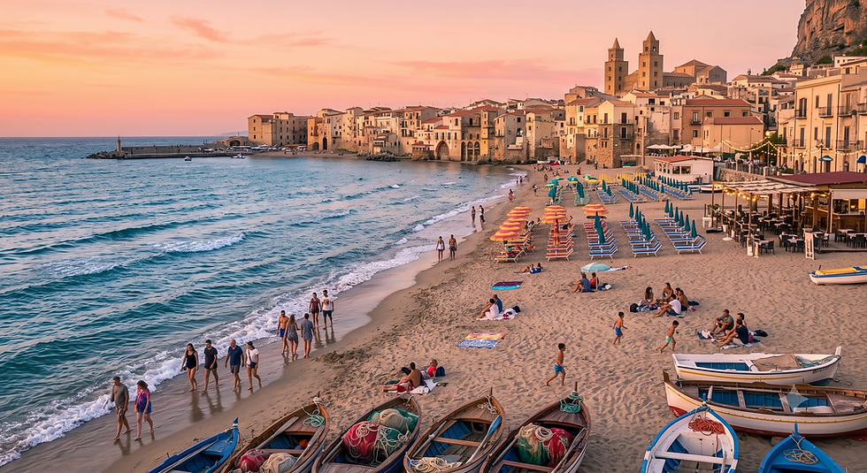 Spiaggia di Cefalù (Lungomare Giuseppe Giardina). L'estrema vicinanza al centro storico la rende accessibile a piedi in pochi minuti da qualsiasi punto della città vecchia. La presenza di numerosi stabilimenti balneari alternati a tratti di spiaggia libera garantisce servizi completi (docce, noleggio lettini, ristorazione). È l'area che risente maggiormente del fenomeno del turismo di massa nei mesi di luglio e agosto. La densità antropica elevata e la saturazione dei parcheggi limitrofi rendono la fruizione complessa nelle ore centrali della giornata.