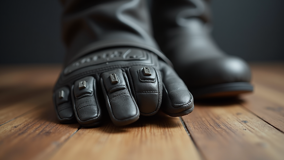 Close-up view of motorcycle gloves and boots on a wooden floor