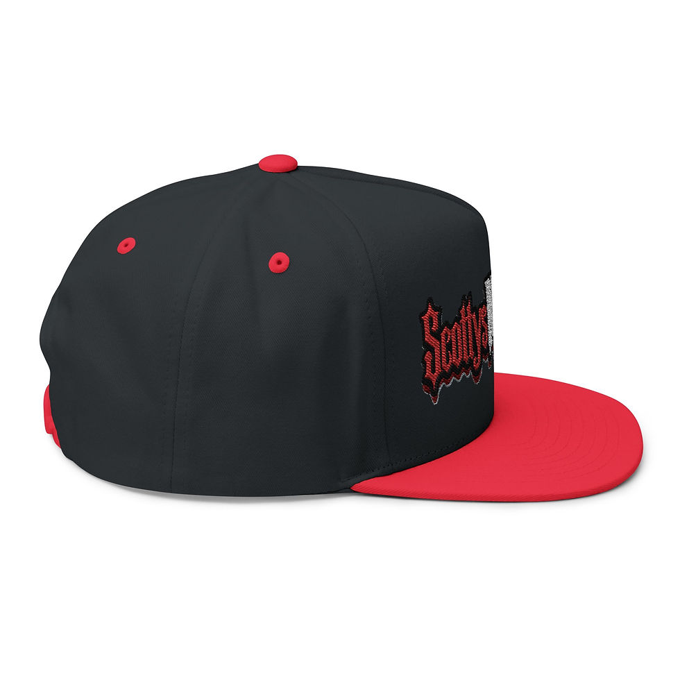 Thumbnail: Embroidered Flat Bill Cap — 'Scotty's MotoGarage' Retro Gothic Logo
