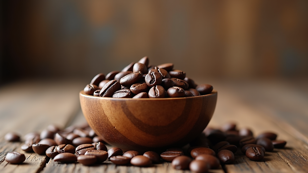 Eye-level view of coffee beans in a wooden bowl with a rustic background