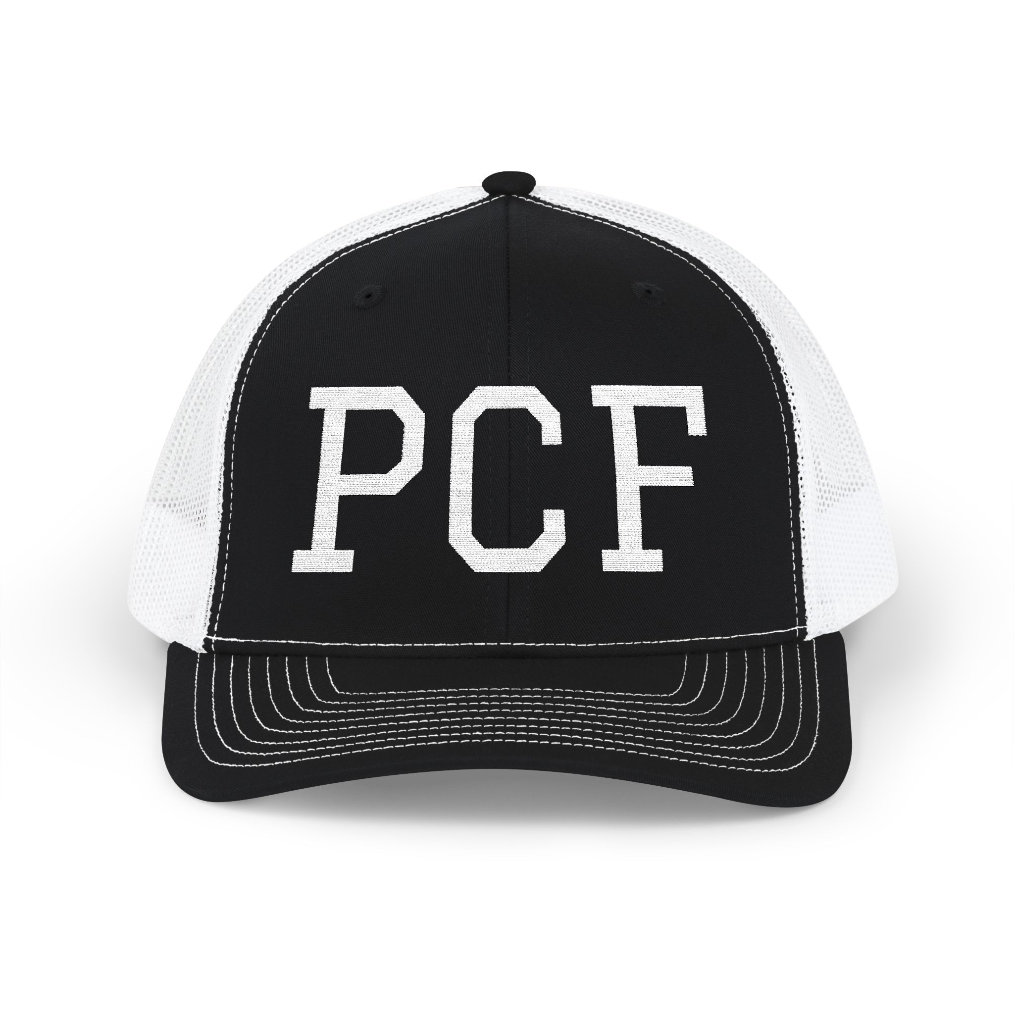 PCF Snapback Trucker Hat — Vintage Varsity Logo Mesh Cap