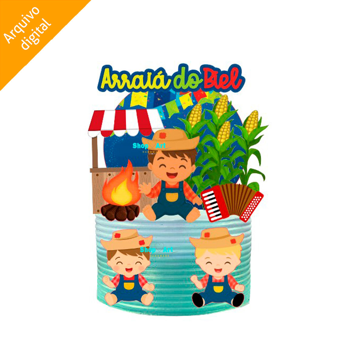 Topo de Bolo Festa Junina Meninos Arraiá Sanfona (Studio/PDF)