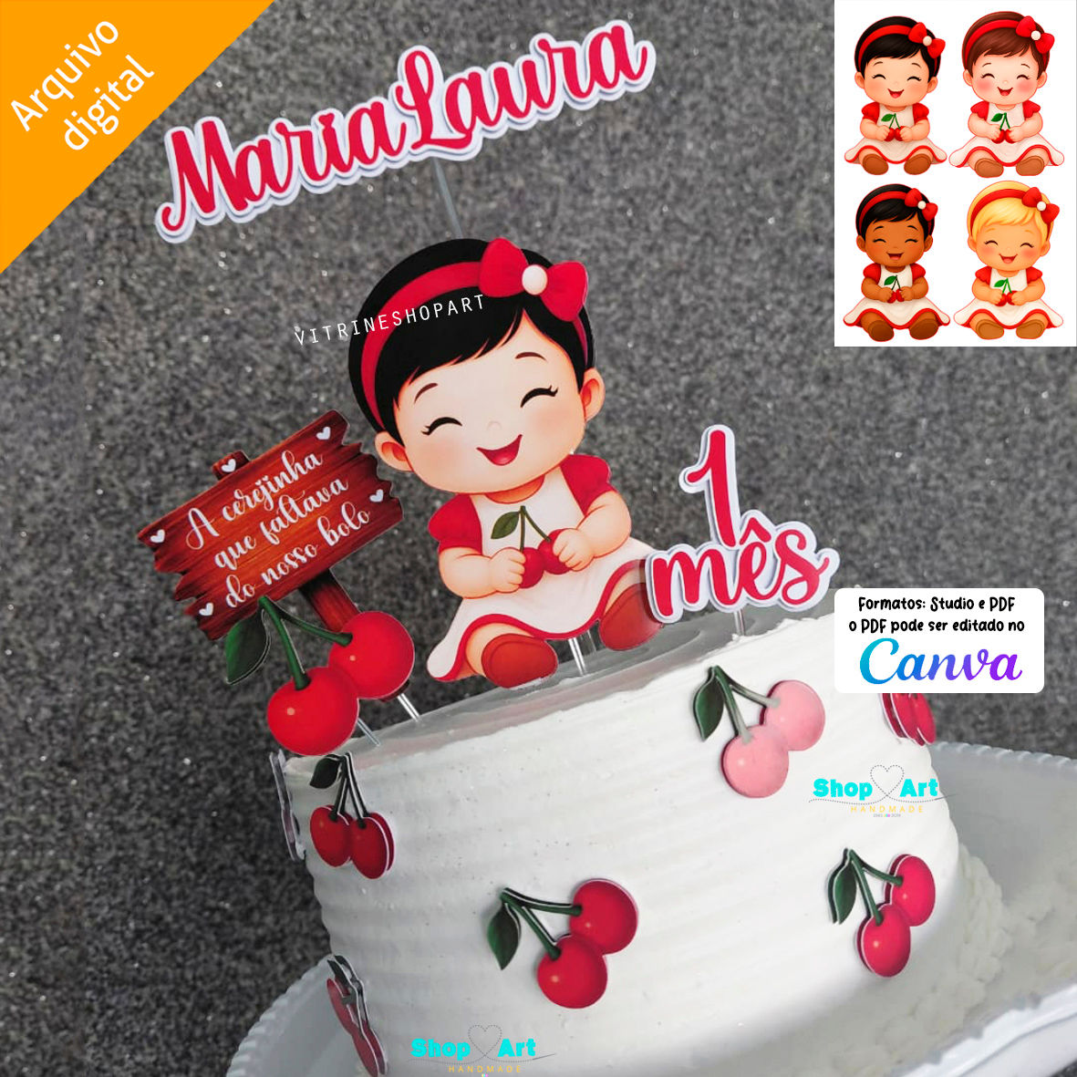 Topo de bolo para imprimir Cerejinhas Mesversario 4 modelos (Studio/PDF)