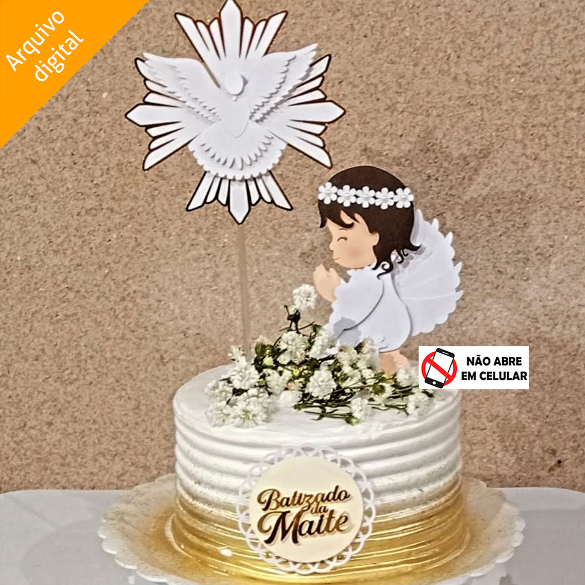 Topo de Bolo Anjinha em Camadas Batizado Crisma Eucaristia (Studio)