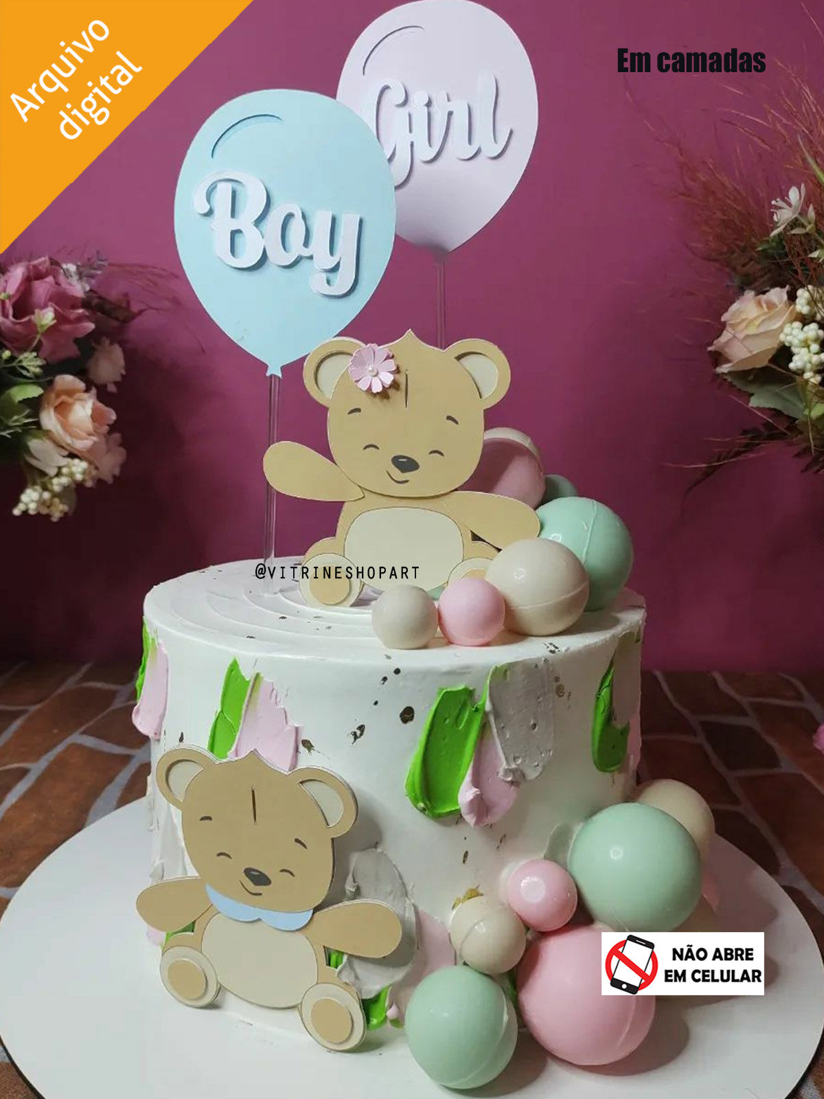 Topo de Bolo Chá Revelação Ursinhos em Camadas (Studio)