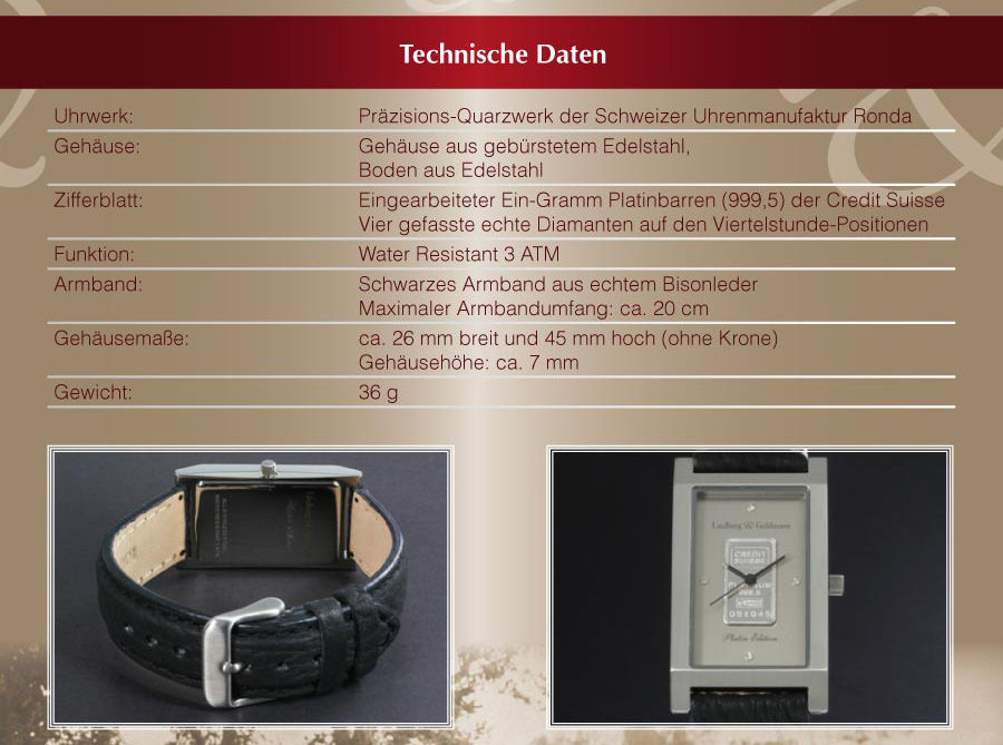 Miniaturbild: Lindberg & Goldmann 1064 echter 1g Platinbarren mit 4 Diamanten