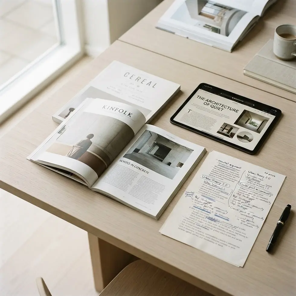 Packshot photography of a workspace with an open magazine, tablet, and handwritten notes on a wooden table. The scene evokes a calm, intellectual atmosphere.