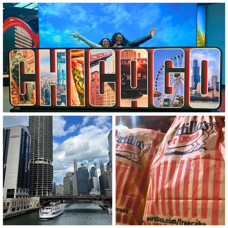 a 3 photo collage with a chicago display, chicago riverwalk skyline and portillos bags