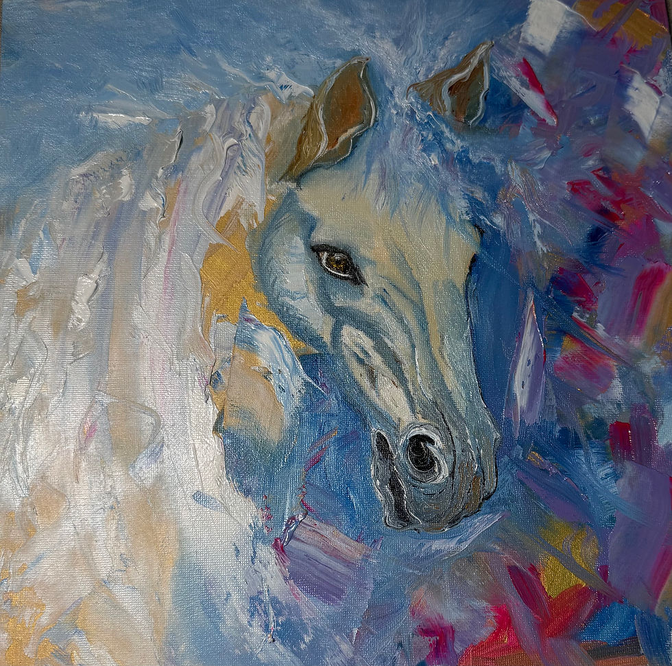 Equine Essence oil painting on panel by Natalia Simmonds, 30x30cm horse portrait.